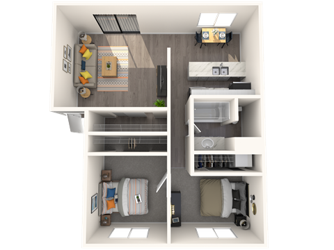 a floor plan of a two bedroom apartment with one bathroom